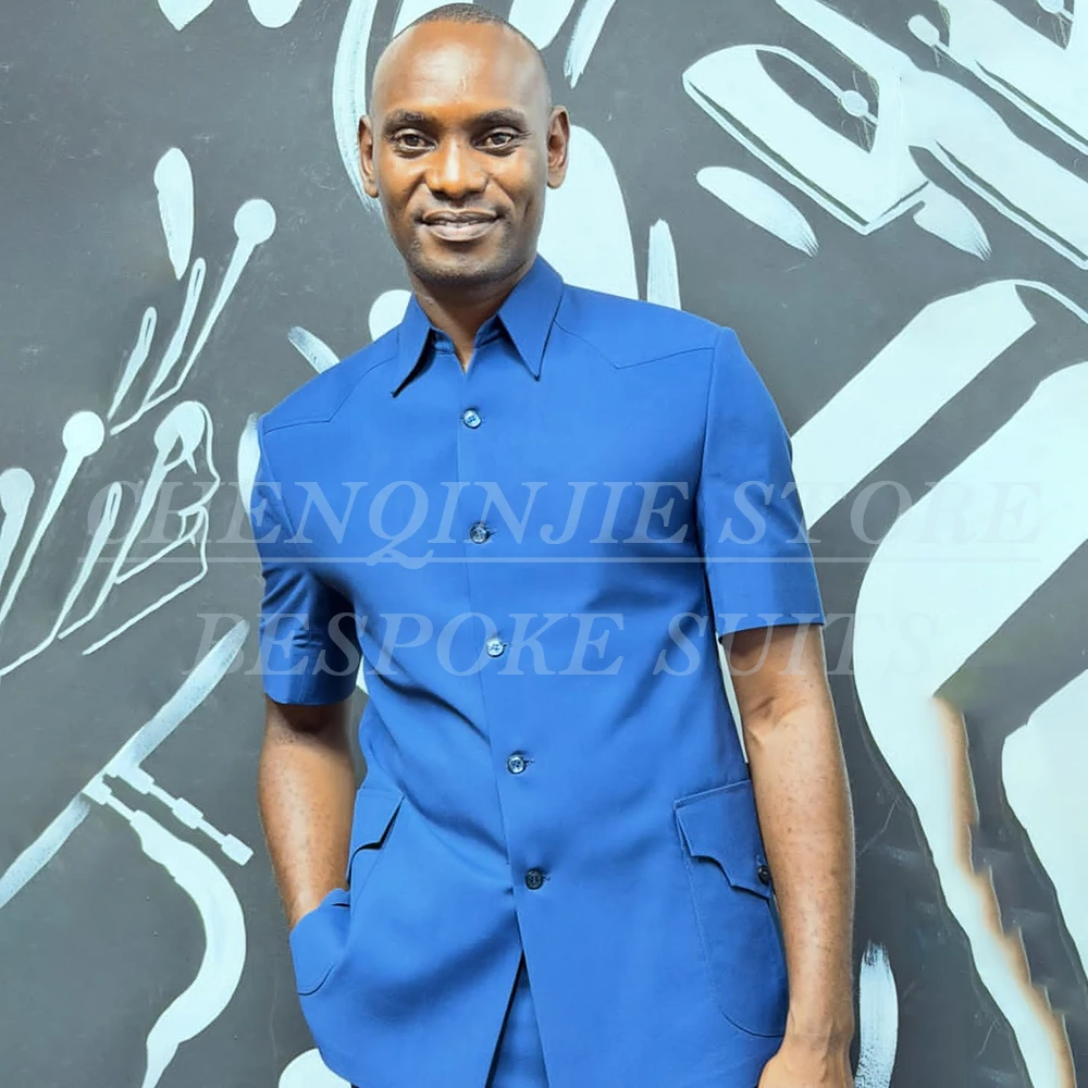 

Summer Men's Suits Safari Short Sleeve Regular Length Blazer Fashion Stand Lapel 2 Piece Jacket Pants Business Outwear Costume