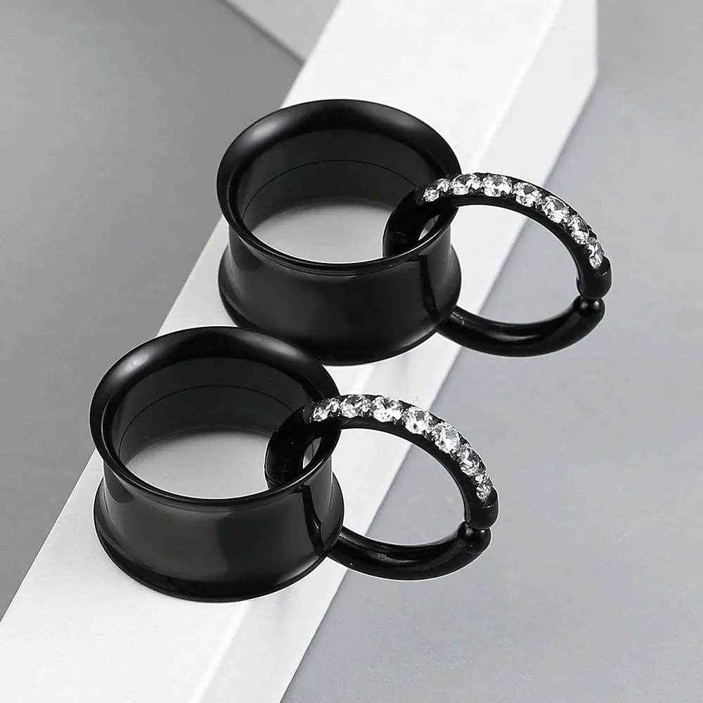 Casvort 2er-Set Edelstahl-Ohr-Tunnel mit Schraubverschluss und Zirkonia-Klappring, Ohr-Plugs, Expander, Piercing-Schmuck – Detail 2