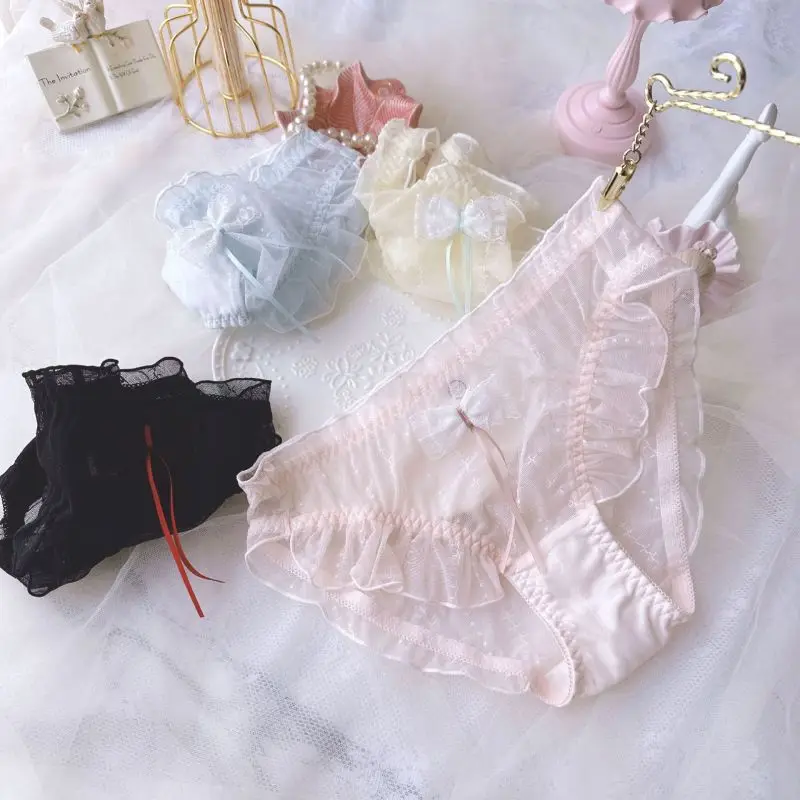 Sexy Mesh Transparent Ruffles Bow Cute Lovely Sweety Women\'s Underwear Princess Lolita Breathable Elasticity Panties Breifs