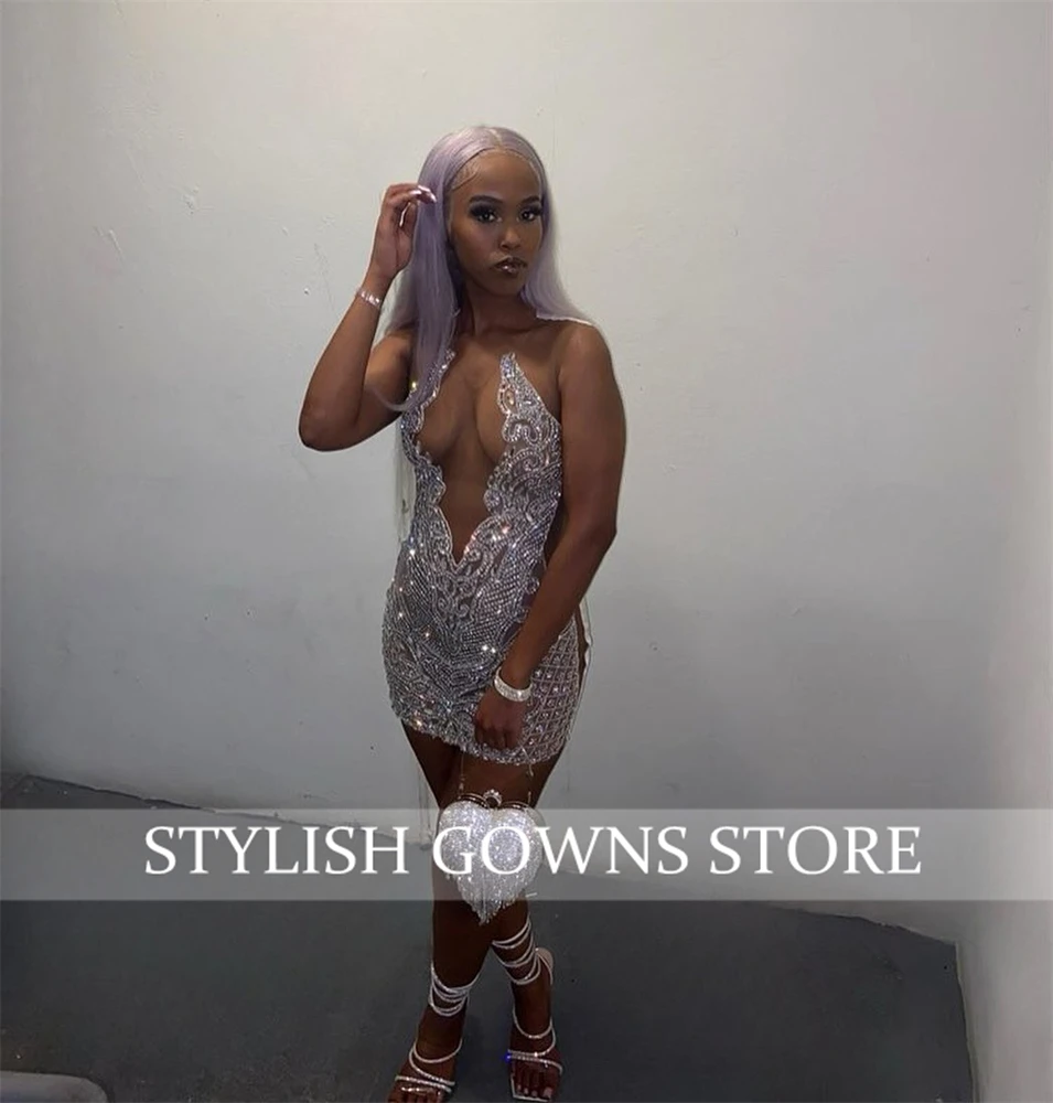 Silver O Neck Short Prom Dresses For Black Girls Beaded Crystal Birthday Party Dress Mermaid Mini Cocktail Homecoming