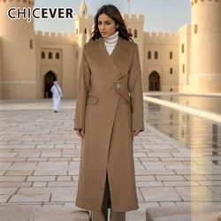 CHICEVER Solid Spliced Button Windbreaker For Women V Neck Long Sleeve Irregular Temperament Long Coats Female Spring Clothing