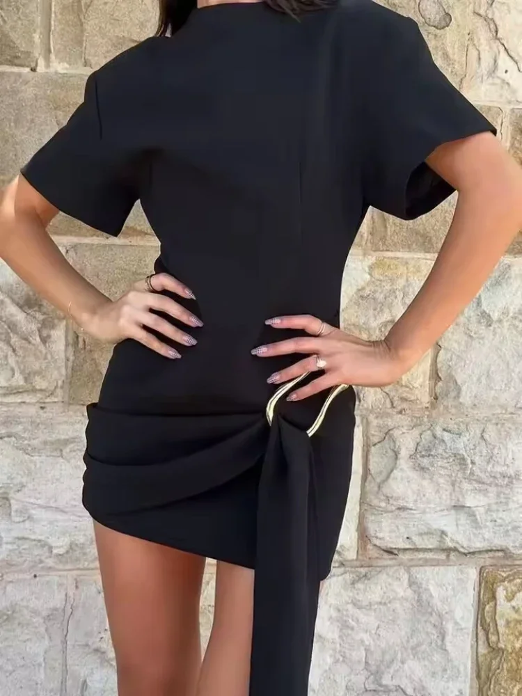 Women\'s Waist Slim Dress Horseshoe Buckle O-neck Short Sleeves Mid-waist Back Zipper Solid Mini Dress Summer New Chic Dress