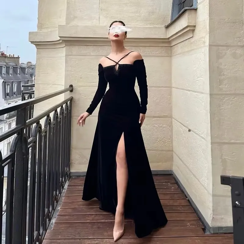 

Little Daisy Sexy Black Halter Simple Women Evening Dresses Floor Length A Line High Slit Formal Party Prom Gown New 2023