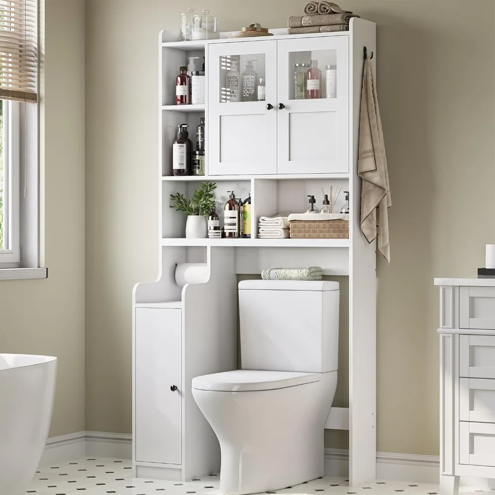 

Bathroom Cabinet, Over The Toilet Storage Cabinet w/Glass Doors & Toilet Paper Holder Stand, for Bathroom, Restroom, Laundry