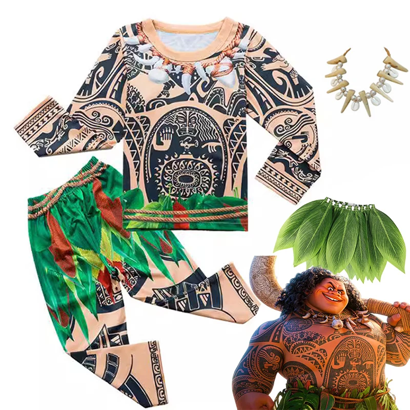 Children 3D Totem Printing Maui Moana Cosplay Costume Boy Long Sleeve Top Trousers Set Halloween Carnival Party Outfits For Kids