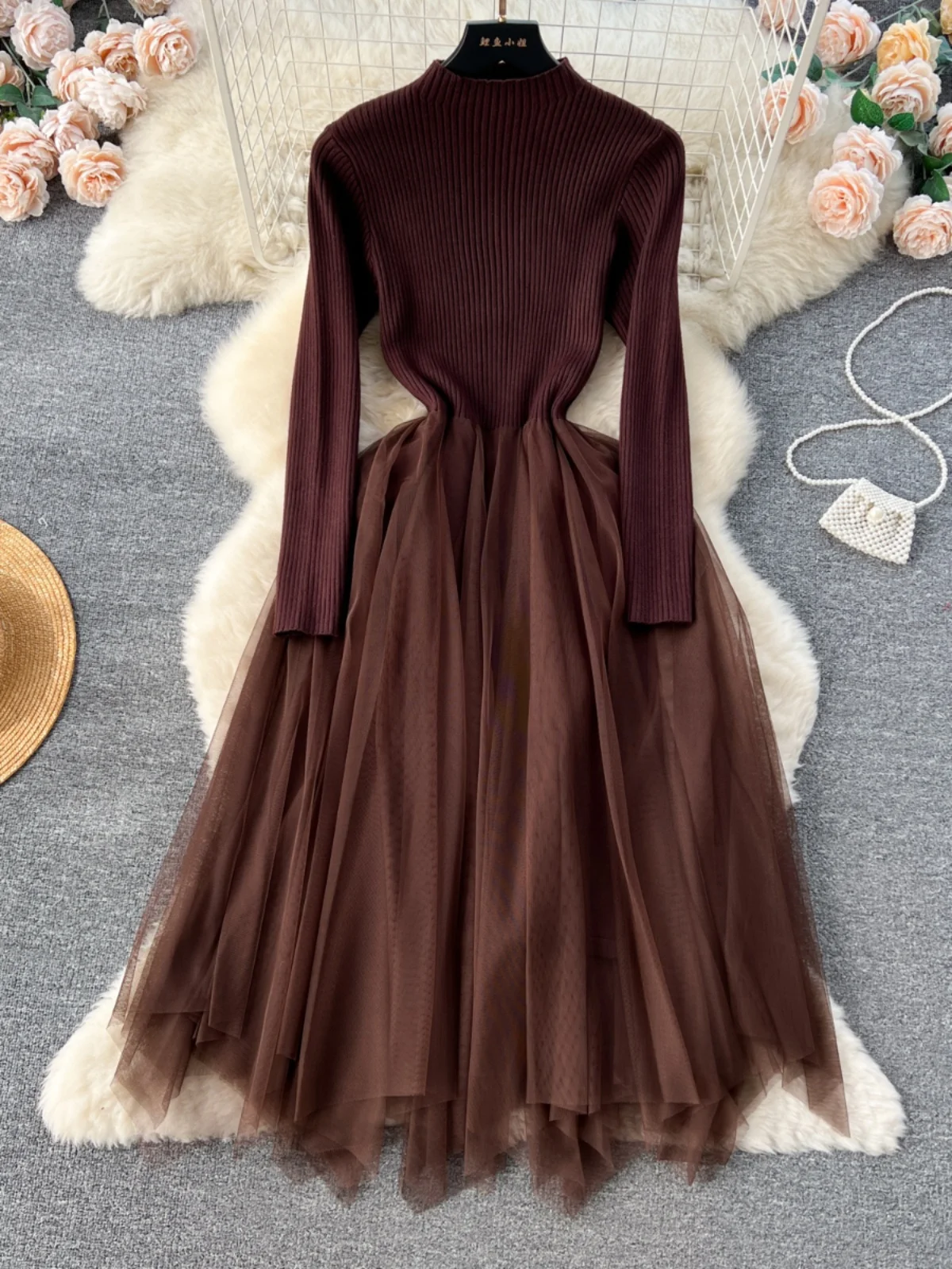 

Knitted Patchwork Tulle A-line Dress Slim Elegant Temperament A High-end Fairy Dress 2024 Autumn/Winter New Korean Edition Dress