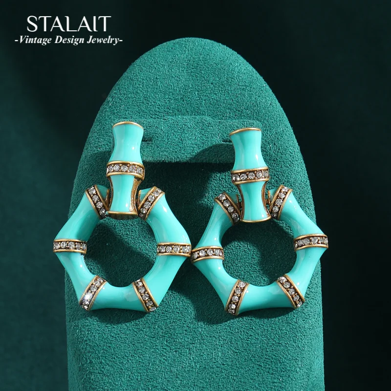 

Vintage Blue Green Drip Oil Snake Bamboo Earrings for Women Hexagonal Minimalist Accessory Luxury Designer Jewelry New 2025