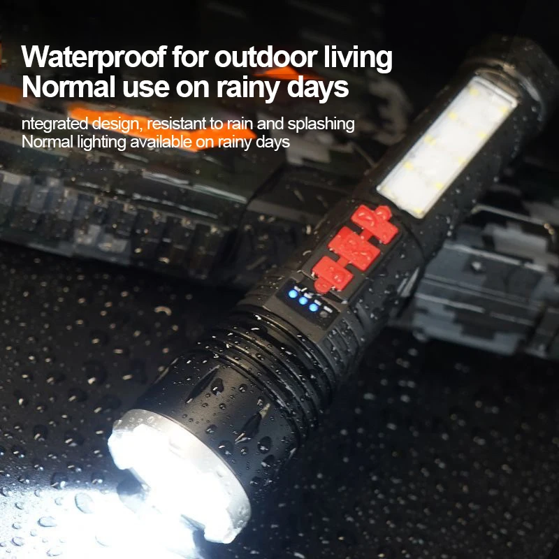 Powerful Led Flashlight Outdoor Ultra-Bright COB Rechargeable White Laser Torch Multi-Function Emergency Buzz Power Bank Lantern