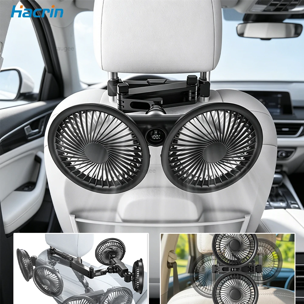 USB Car Fans for Backseat Dual Head Car Fan 360° Rotatable Vehicle Rear Headrest Fans Electric Air Circulation Fan for Car