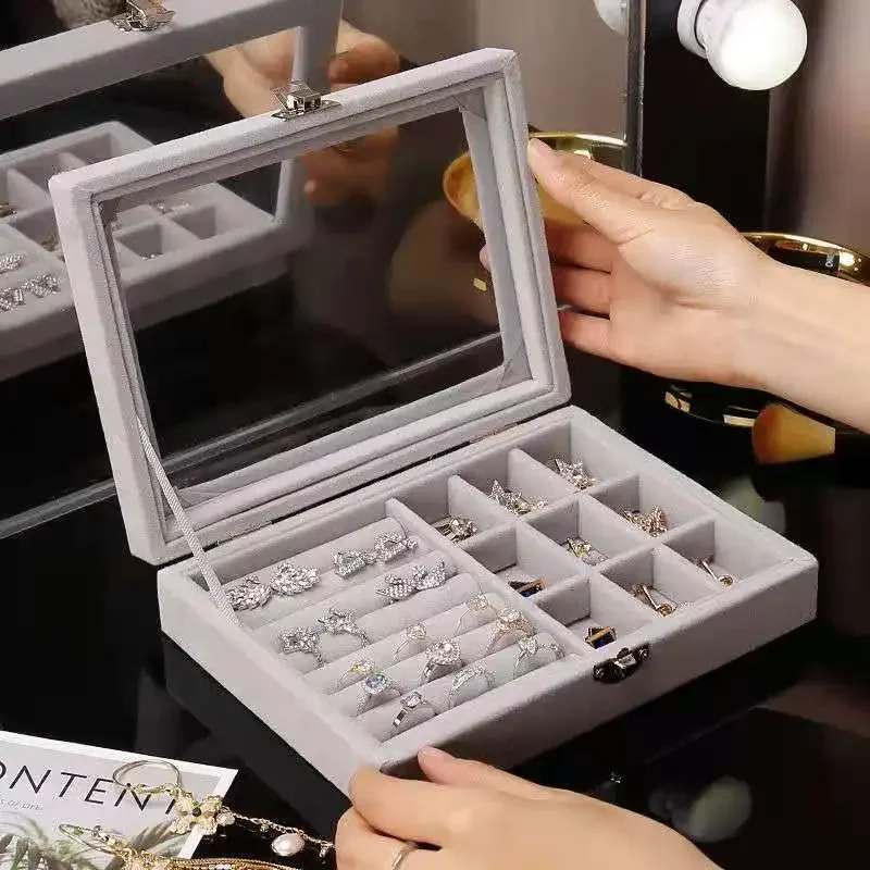 Portable Velvet Jewelry Ring Display Organizer Box Tray Holder Bedroom Desktop Earring Storage Showcase