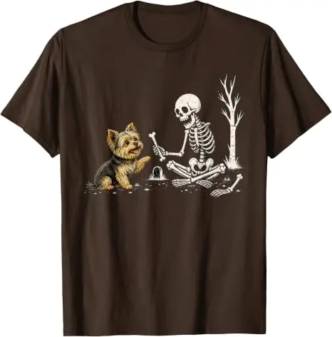 Lustiges Yorkie-Skelett und Halloween-Kostüm-Totenkopf-T-Shirt Y2K Niedlicher Welpe Hund Papa Mama Grafik-Bekleidung Halloween Haustierliebhaber-T-Shirts – Detail 7