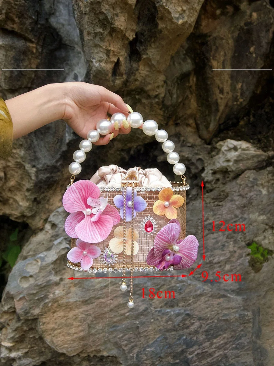 Elegant UGALS Fairy High-End  Flower Pearl Dinner Bucket Bag Handheld Slung Water Bucket Bag Bird Cage Shape Women's...