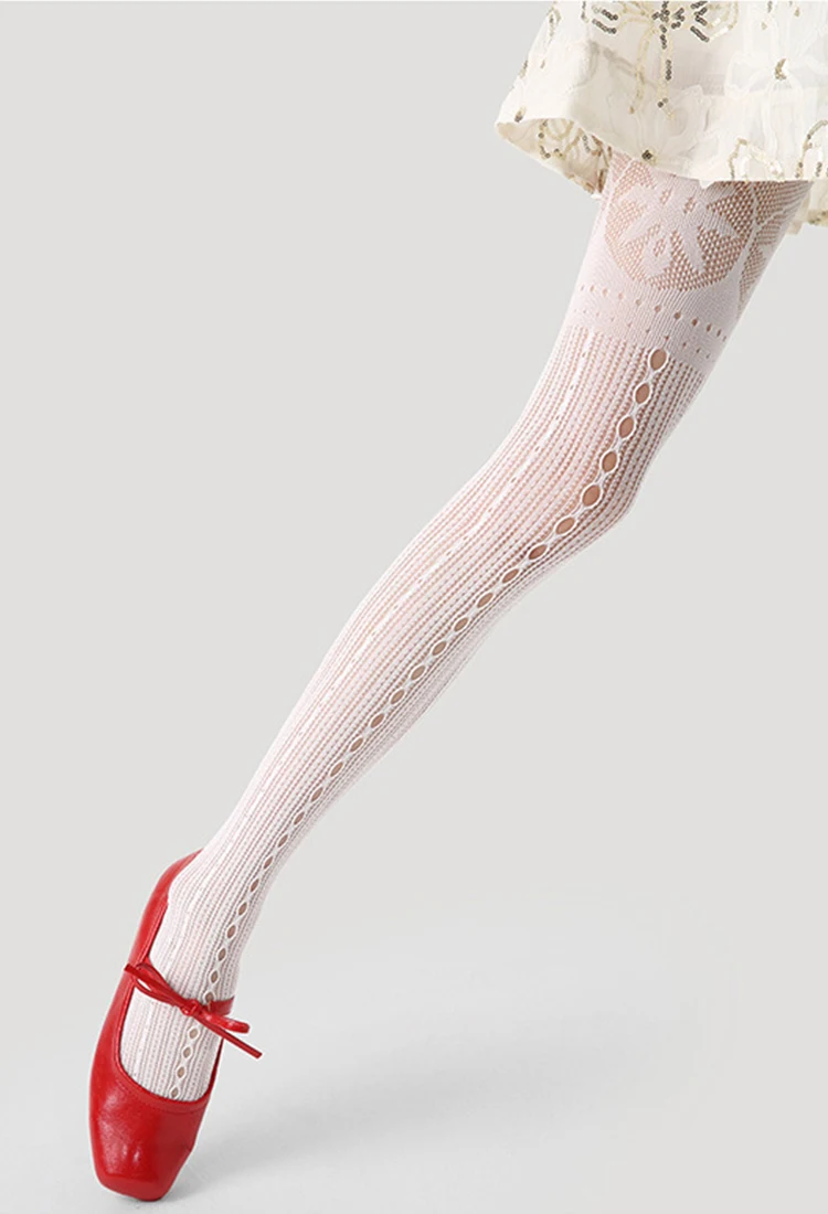 

Summer Sexy Mesh Stockings with Cutouts White Pantyhose Sweet Spicy Style Lace Vertical Stripe Design High-Elastic Nylon Tights