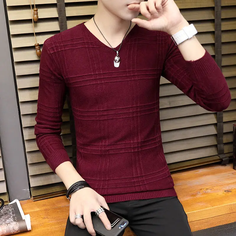 Fashion V-Neck Knitted Solid Color All-match Sweater Men's Clothing 2022 Autumn New Casual Pullovers Long Sleeve Korean Tops