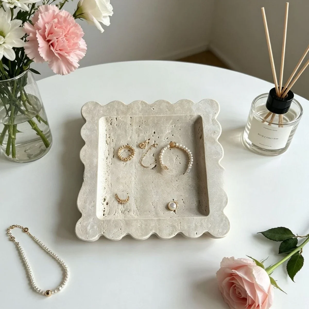 【Natural】Limestone Tray Natural Marble Storage Tray Flower-shaped Jewelry Display Home Decor Tray