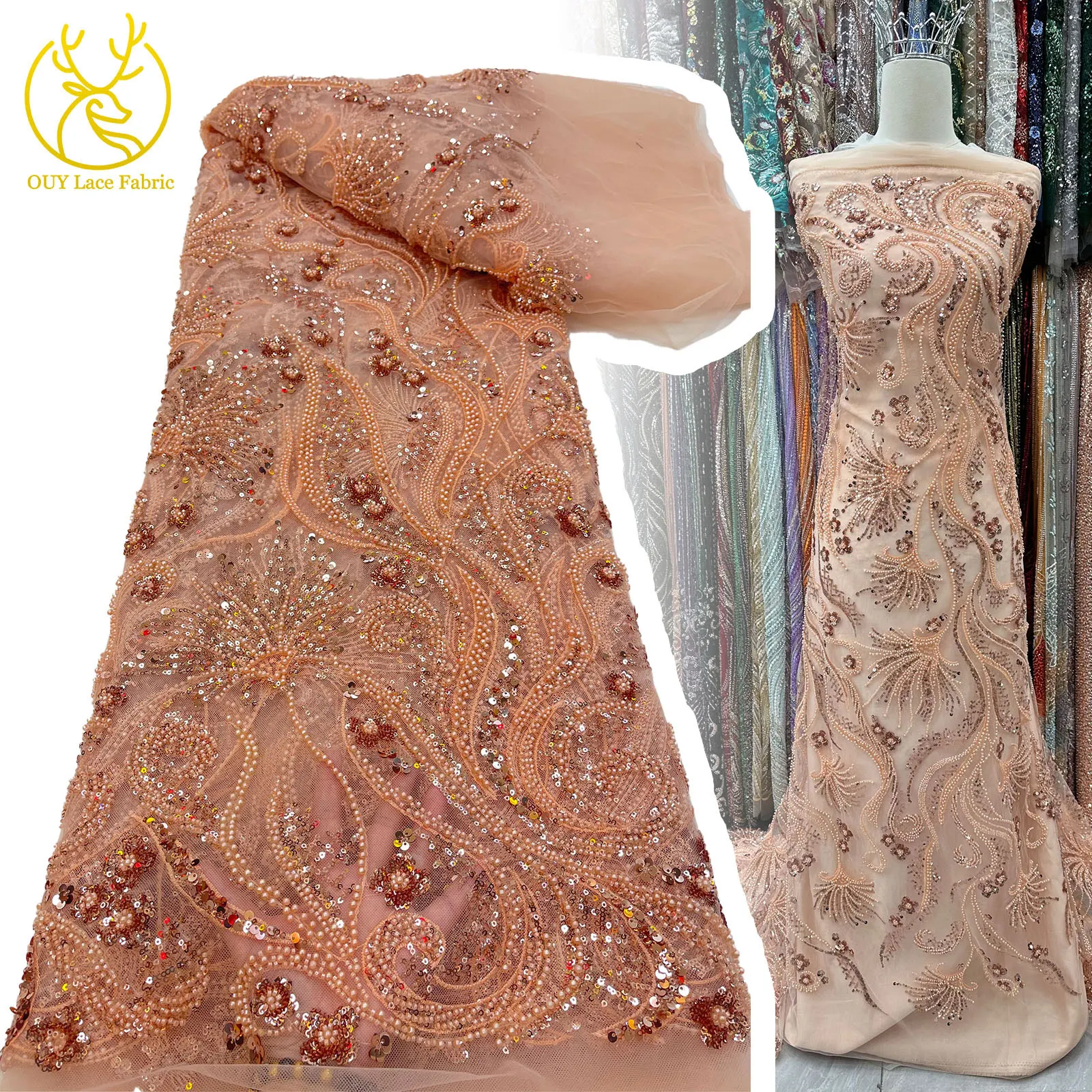 Fashion French Mesh Embroidery Beaded Lace Fabric 2025 Sequins African Nigerian Lace Fabric Wedding Dresses Party Dresses