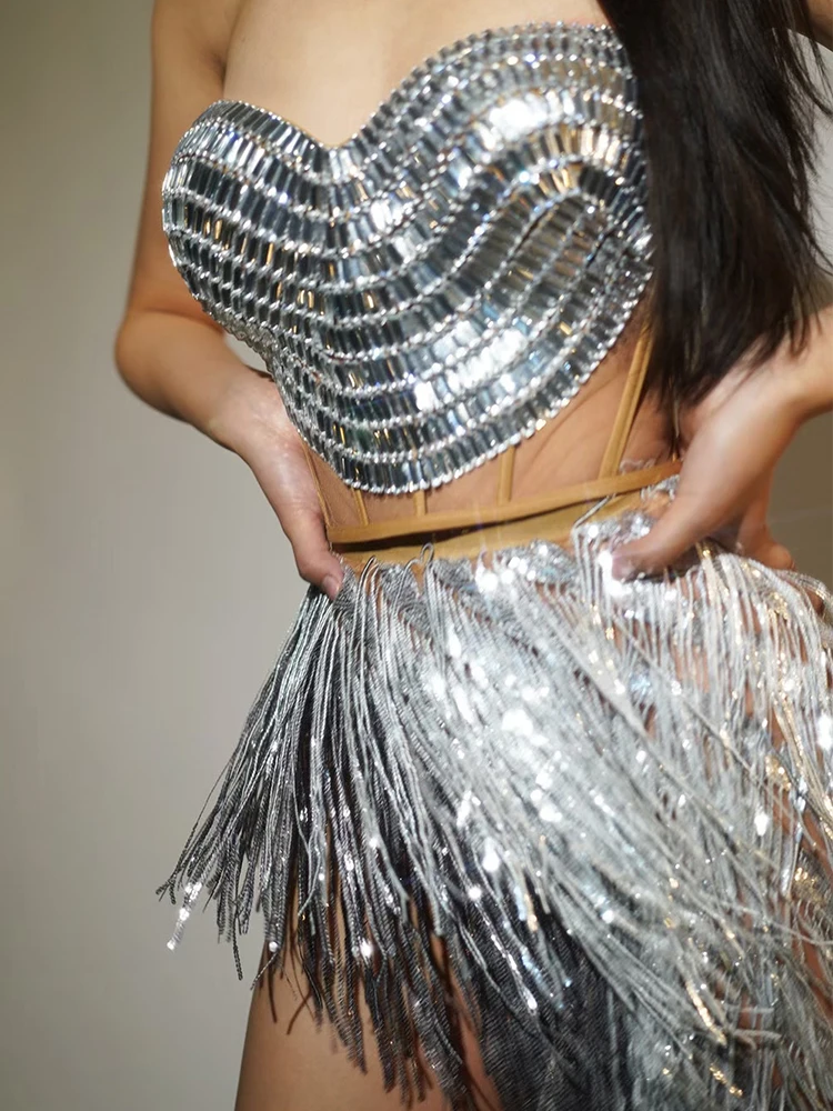Sexy Women Dress Silver Fringe Rhinestone Performance Outfit Birthday Party Rave Outfit Gogo Show Stage Dance Costume VDL3937