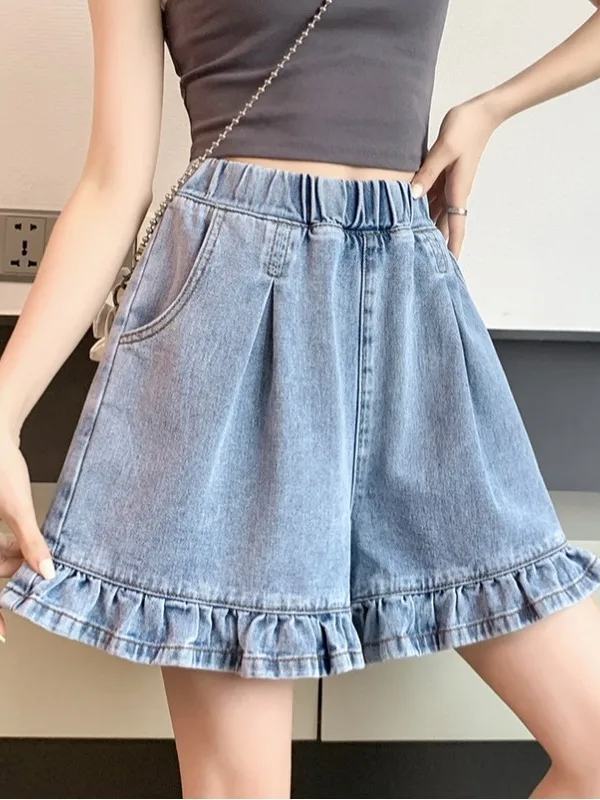 High Waist Short Jeans Women's plus Size Conceal Meat Flounce Design Summer Casual Blue Denim Fabric Comfortable Loose Fit
