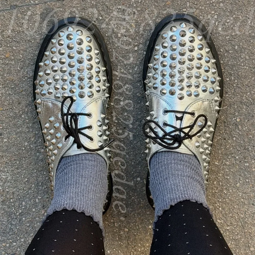 Men's Silver Metallic Full Spiked Studded Lace Up Oxford Shoes, Matte Leather Chunky Sole Punk Style Dress Shoes for Daliy Wear