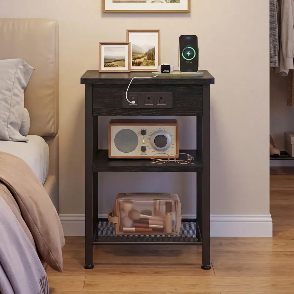 

Прикроватная тумбочка с зарядной станцией, тумба с тканевым ящиком, прикроватный столик с местом для хранения, 3-уровневая прикроватная тумба, приставной столик