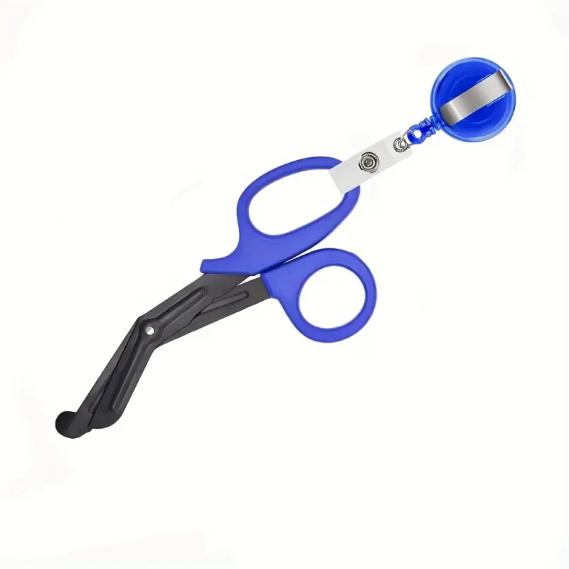 قطعتان، قطعة واحدة من مقص التمريض مع بكرة شارة قابلة للسحب، مقص أمان من الفولاذ المقاوم للصدأ ومقص ضمادة للاستخدام الطبي #6