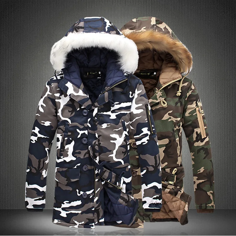 Men\'s Winter Fur Collar Long Camouflage Jacket Thick Warm Cotton Parka Fashion Army Green Hooded Coats Brand Plush Clothing