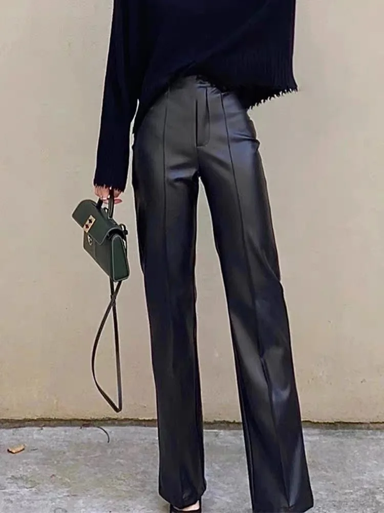 

High Waist Slimming Bla Leather Pants Women's Ele Drapey Floor-Length Casual Wide Leg Long Trousers Comfortable Soft