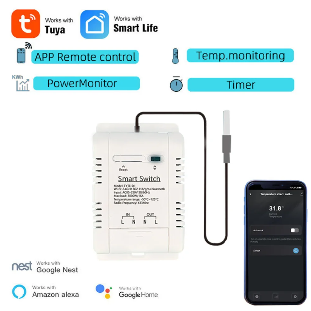 Tuya Smart Life WiFi Temperature Controller Switch Wireless Remote Power Outlet Alexa Google Voice Automation System