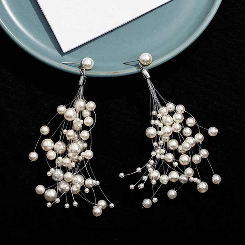 Elegant Long Tassel Simulated Pearls Earrings White Size Beads Earrings For WomanFish Line Earrings Wedding Bride Gifts