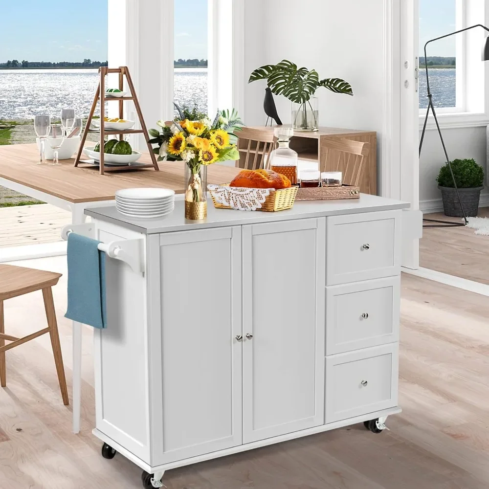 Kitchen Island cart on Wheels, Mobile Serving Cart w/Stainless Steel Countertop, Drawers, Door Cabinet, Adjustable