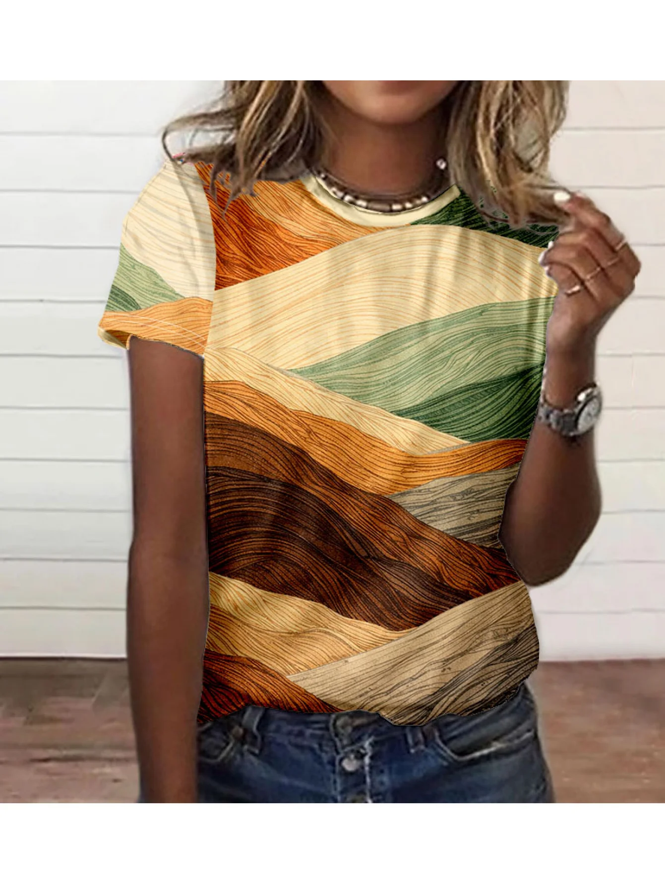 Women Crew Neck Short Sleeve T-shirt Retro Gradient Diagonal Striped Texture Print Casual Vintage Summer Daily Top