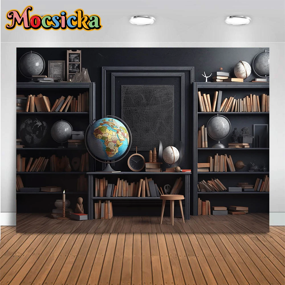 Retro Study Bookcase Decor Interior Background Globe Back to School Photography Backdrop Props Studio Kid Portrait Photocall