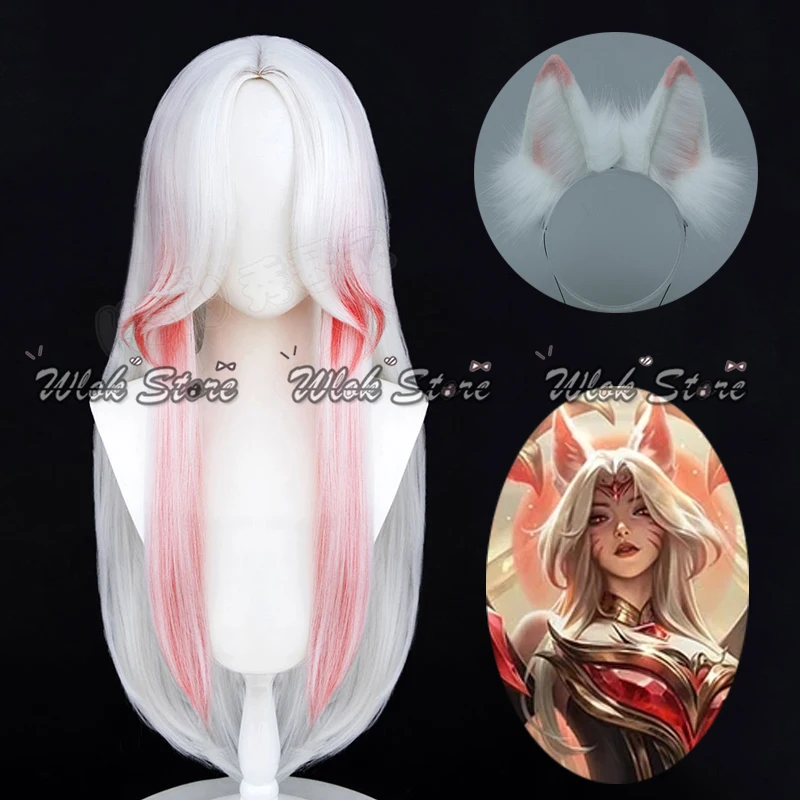 Game LOL Immortalized Legend Faker Ahri Cosplay Wig Fox Ears Headwear Women Halloween Party Carnival Role Play White Long Hair