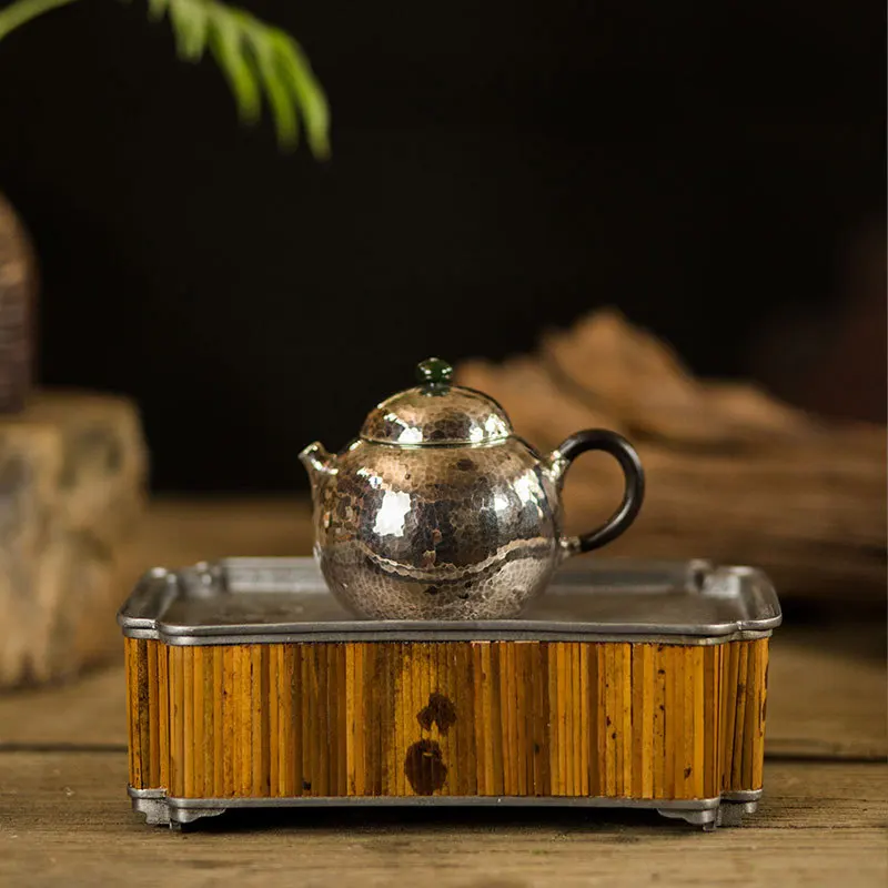 - Handmade Vintage Pure Tin & Xiangfei Bamboo Round Tea Pot Holder, Chinese Style Water Storage Tea Tray, Gongfu Tea Accessory