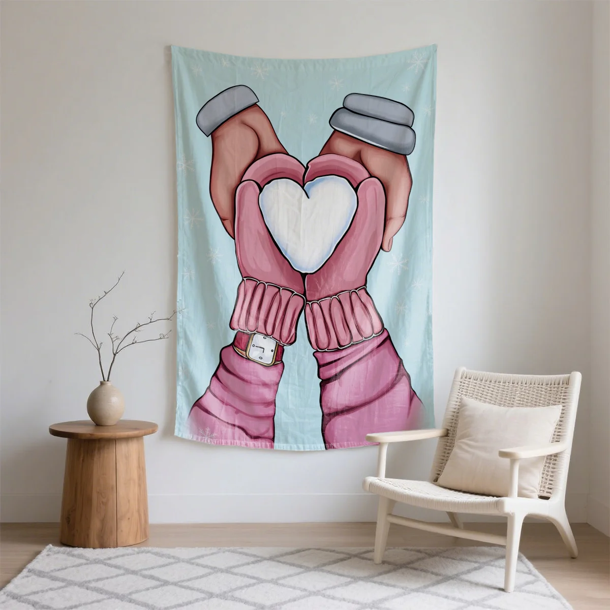 Hands heart snow pattern Digital printing polyester wall tapestry suitable for use in living rooms bedrooms offices bars party