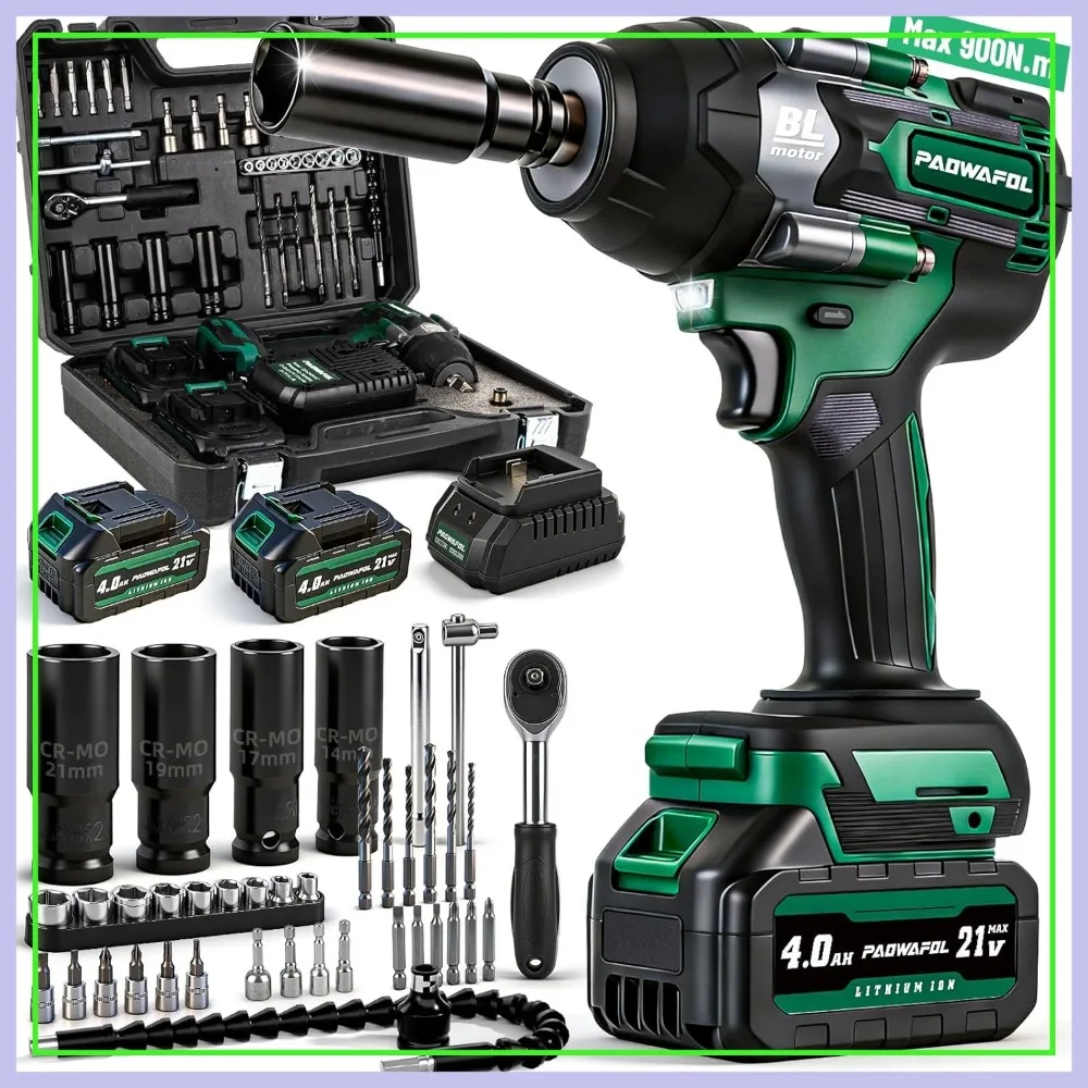 

Powerful Impact Wrench 665 Ft-lbs 1/2 Drive Cordless with 2 Batteries & Accessories Kit