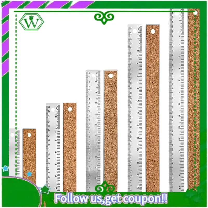 Reliable-5Pcs Cork Backed Ruler Stainless Steel Ruler, 6/8/12/14/16 Inch Metal Ruler,Straight Edge Ruler Non-Slip Metal Rulers