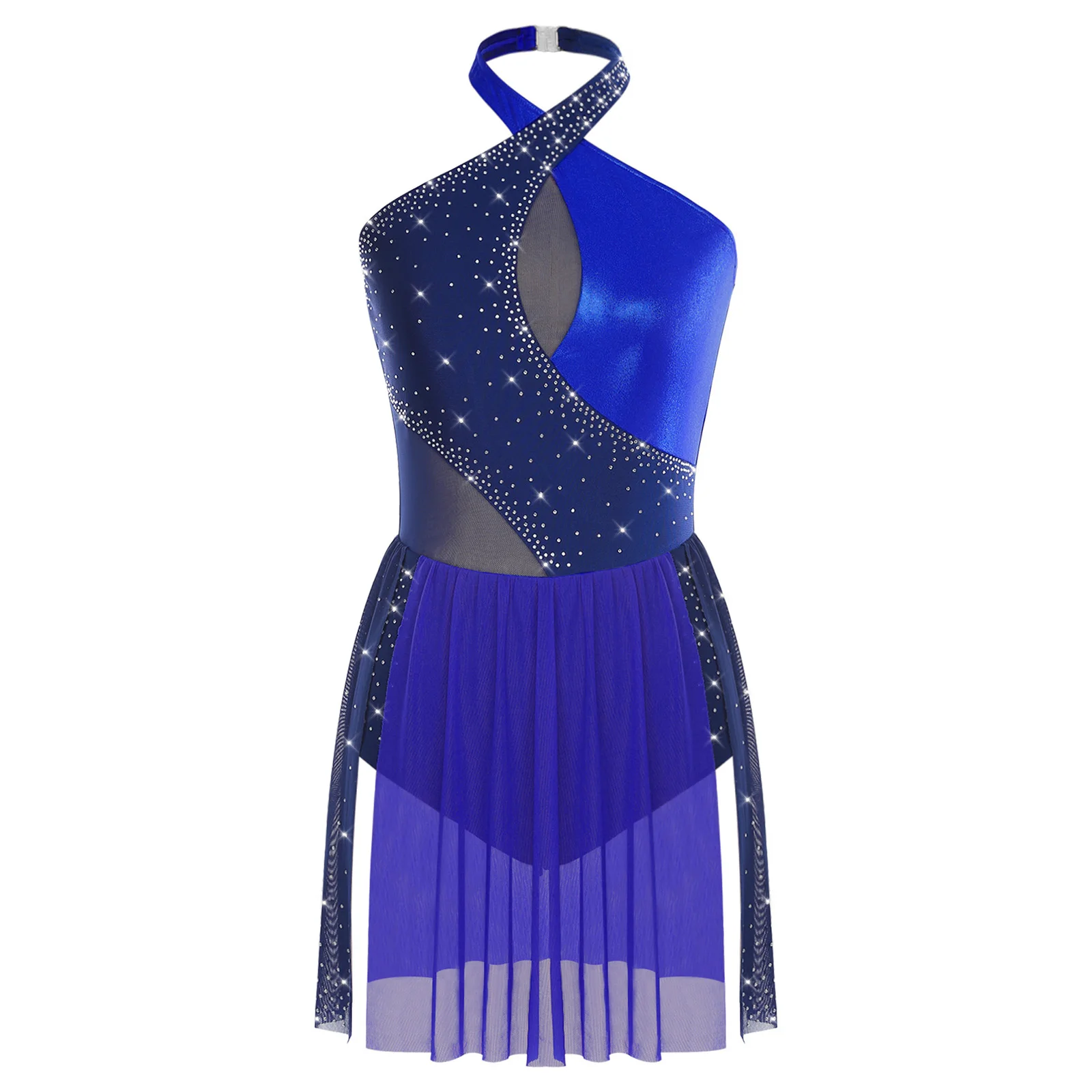 

Womens Figure Skating Leotard Halter Rhinestone Contrast Color Irregular Hem One Piece Bodysuit Dress Ballet Latin Dance Costume
