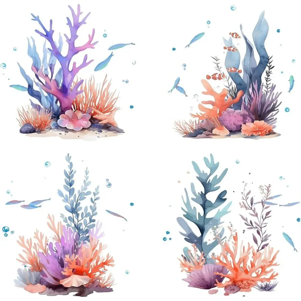 4Pcs Coral Window Decal 6.3x6.3 Inch Ocean Sea Fish Static Sliding Door Decal Sticker Glass Cling Anti-Collision Film