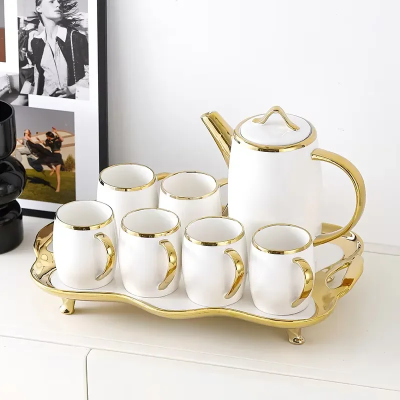 Light Luxury Ceramic Tea Set with Glass Lid 1L Teapot and Cups Simple Design for Wedding Gift Home Living Room Decor