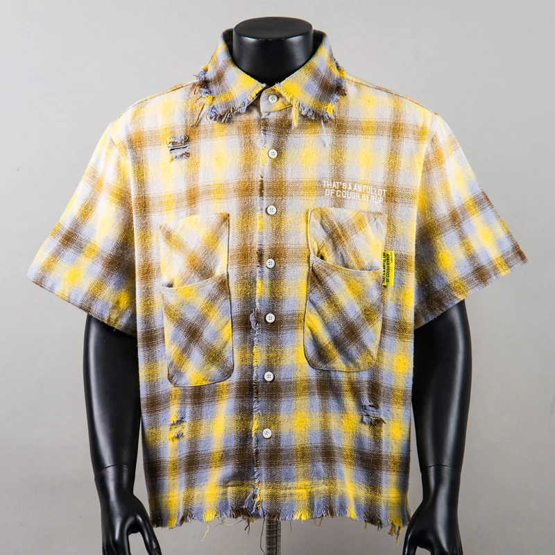 Streetwear That's A Awful Lot of Cough Syrup Short-Sleeved Checkered Pattern Shirt American High Street Retro Ruffled T-Shirt
