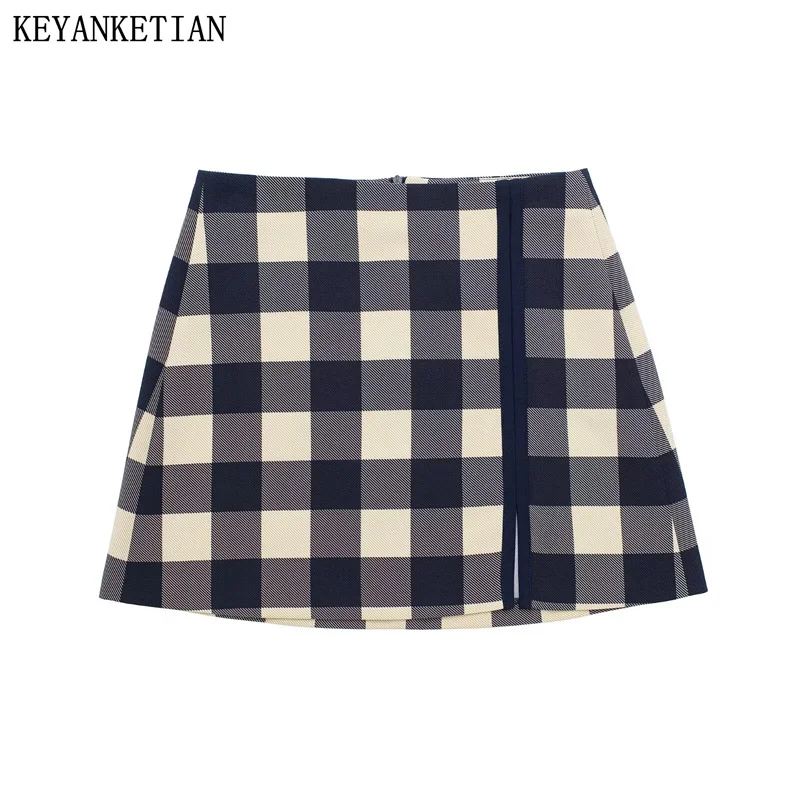 

KEYANKETIAN 2024 New Launch Women's Plaid Mini Skirt Summer Y2K Spicy Girl Back Zipper High-Waisted Slim A-Line Split Skirt