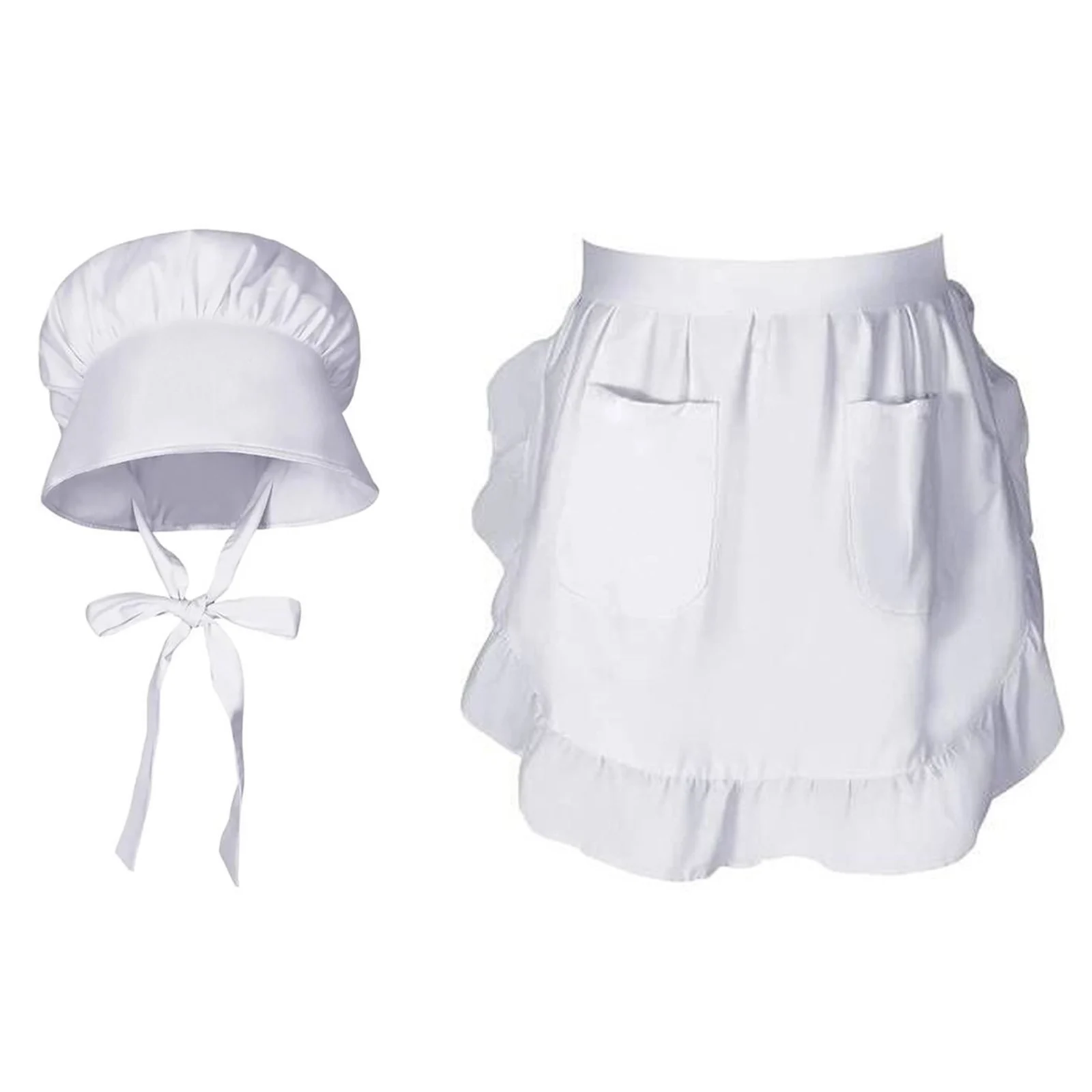 Women Theme Parties Maid Cosplay Costumes Bonnet Colonial Hat Maid Cap Ruffled Pockets Apron with Adjustable Straps