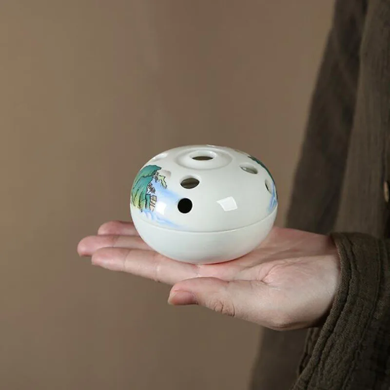 Chinese Chan White Porcelain Aroma Burne Handpainted Mountain Pattern Hollow Round Coil Incense Holder Living Room Home Decor