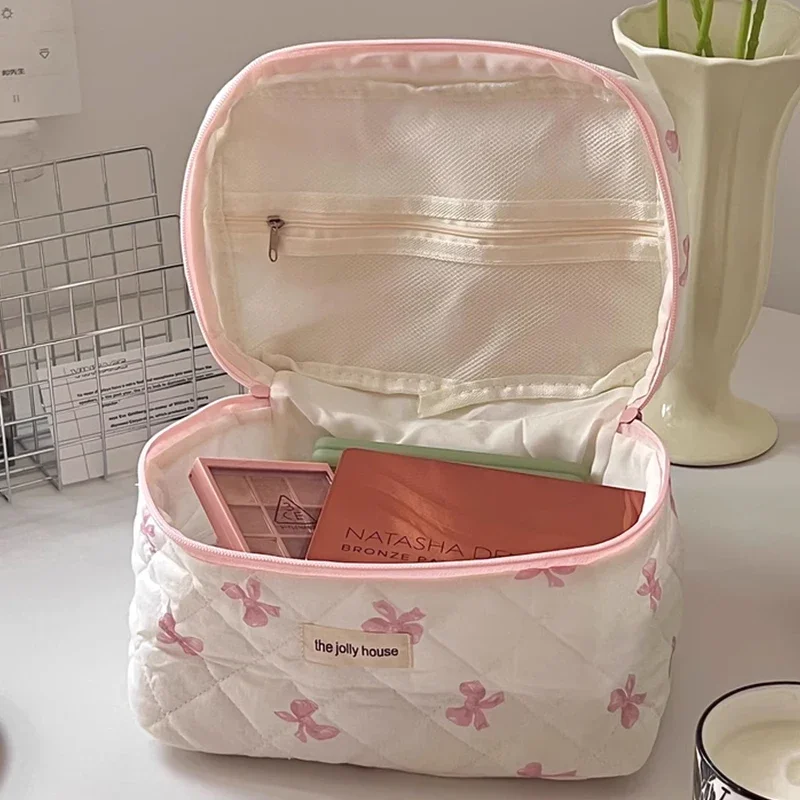 Cute Bow Flower Quilting Cotton Makeup Bag Women Zipper Cosmetic Organizer Female Cloth Handbag Portable Toiletry Case for Girls