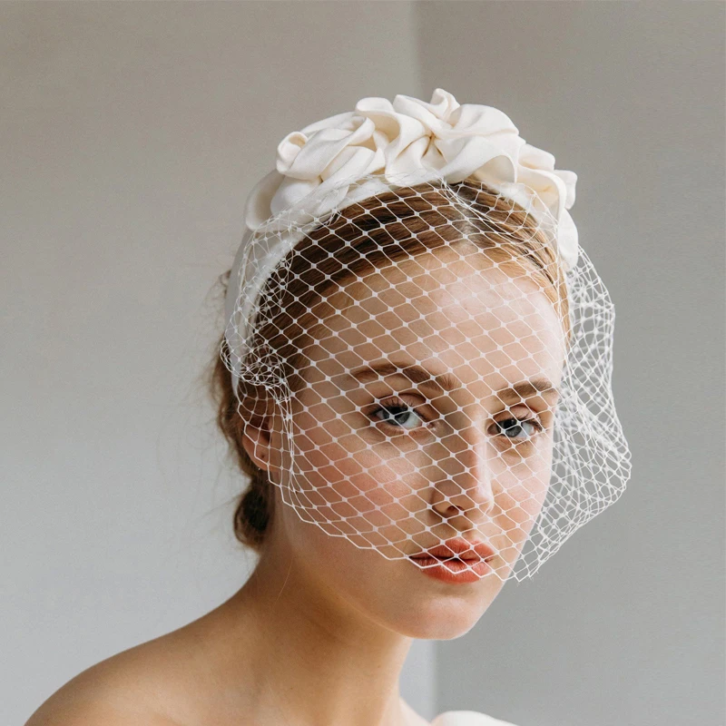 White Birdcage Veil for Bridal White Handmade Flowers Wide Hair Band Headband Veil Vintage Wedding Accessories Fascinators 2022