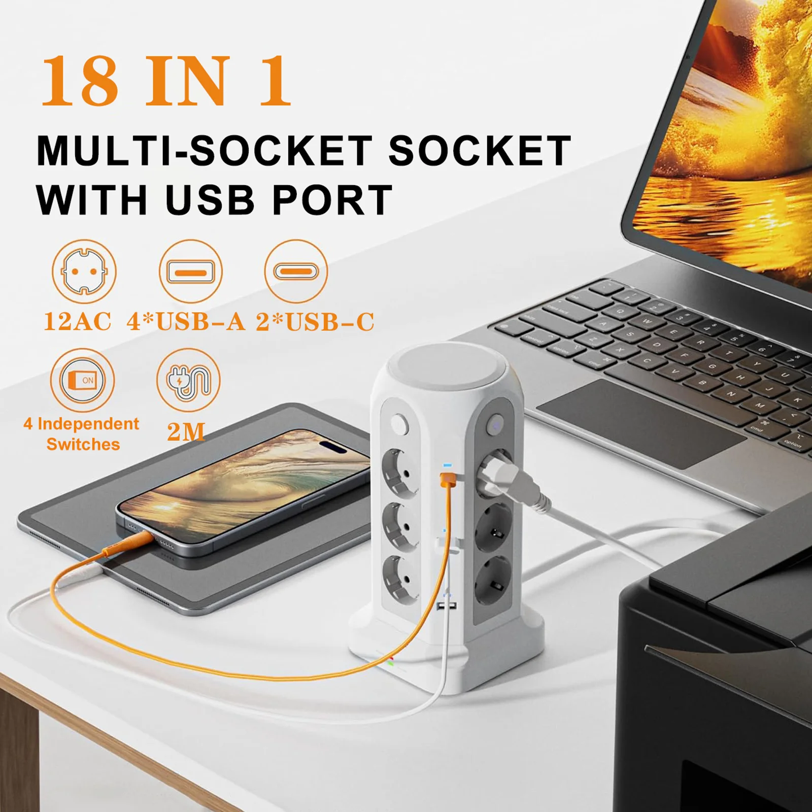 

Tower Power Strip with 12 AC 4 USB A 2 USB C Ports Desktop Multiple Socket with Surge Protection 2M/5M Extension Cable for Home