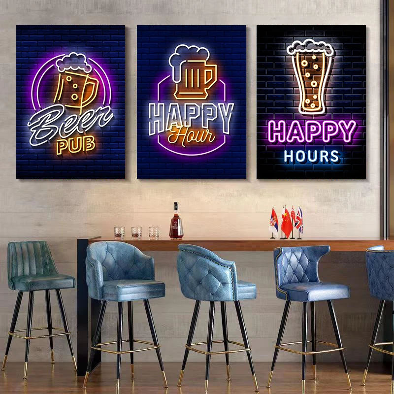 Neon Effect Beer Bar poster Retro Pub Beer Wine drinks Wall Art Prints Picture Canvas painting wine shop club room home decor
