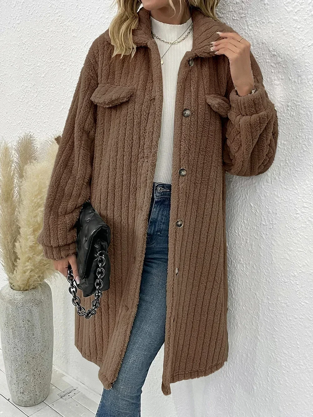 Fashion temperament Autumn and winter European and American  clothing cross-border Mao Mao lapel plush long double-breasted