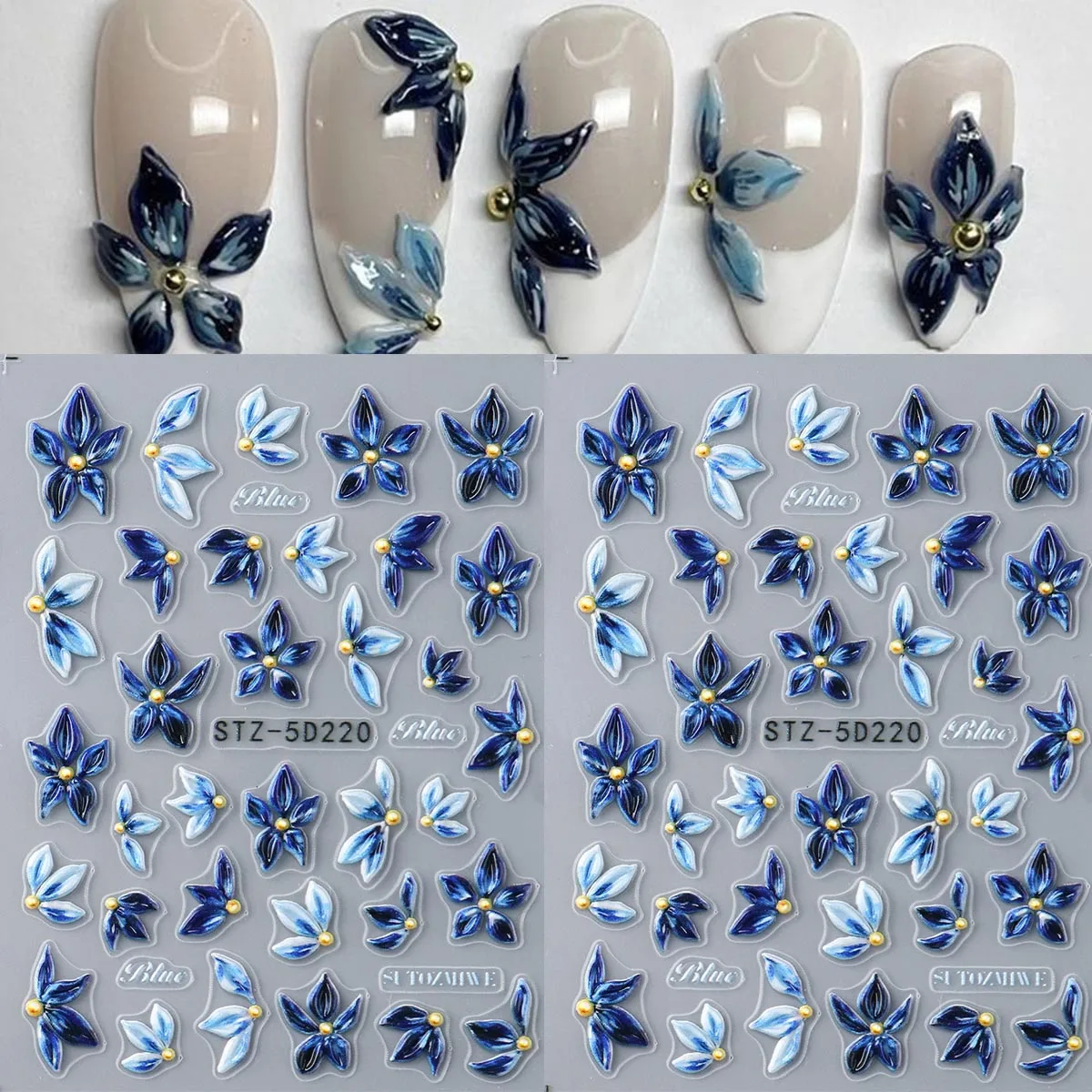 5D Stereoskopische Blaue Tintenblumen-Nagelaufkleber, Aquarell-Farbverlauf Blumenmuster Selbstklebende Nagelsticker mit Goldpunkten